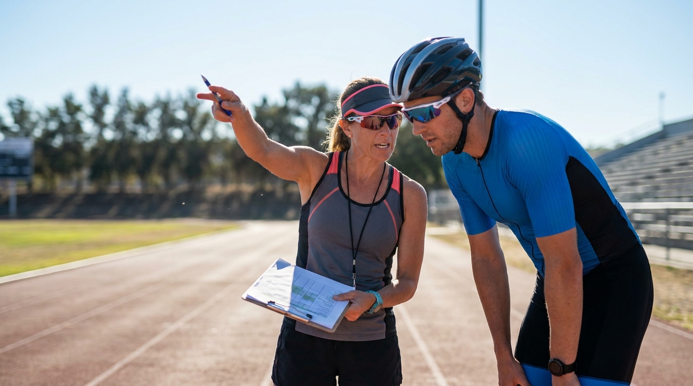 Triathlon coach reviewing training data on a tablet with an athlete outdoors on a sunny day