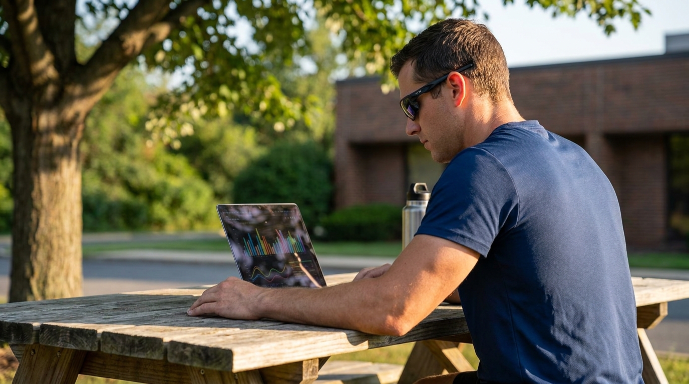 Triathlete athlete reviewing a training plan on a laptop outdoors in bright sunny weather