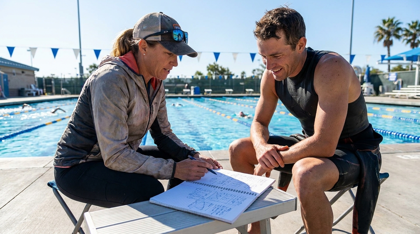 Triathlon coach and athlete reviewing notes together at a sunny outdoor pool deck