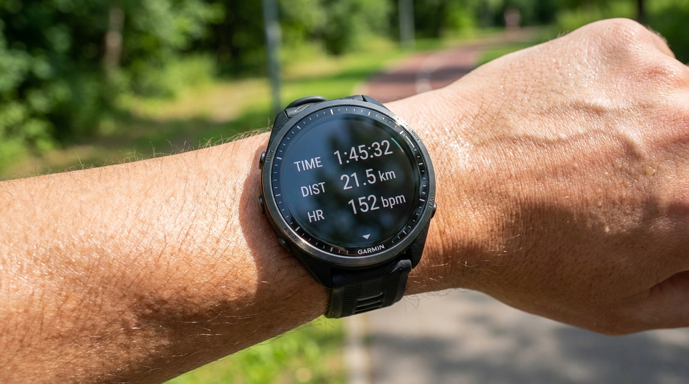 Close-up of a Garmin triathlon watch showing training metrics on an athlete's wrist outdoors in bright sun