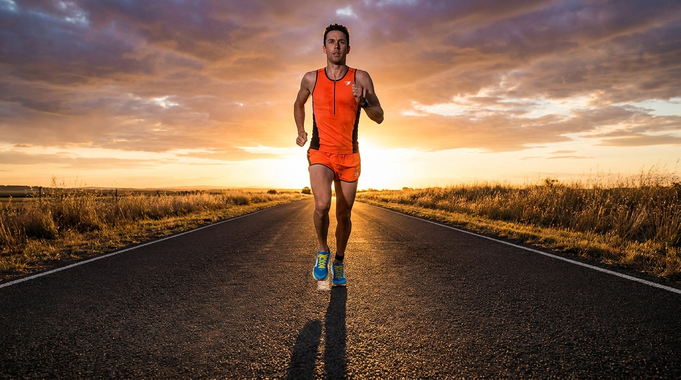 Triathlete running alone on an open road at sunrise, golden light, motivational shot