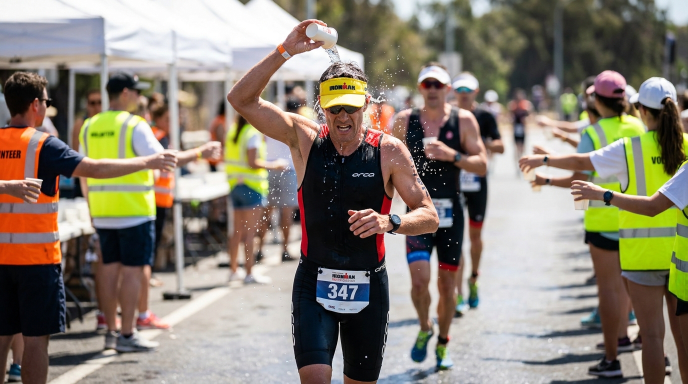 Triathlete pouring water over their head at a summer race aid station, sweating, bright hot sunny day
