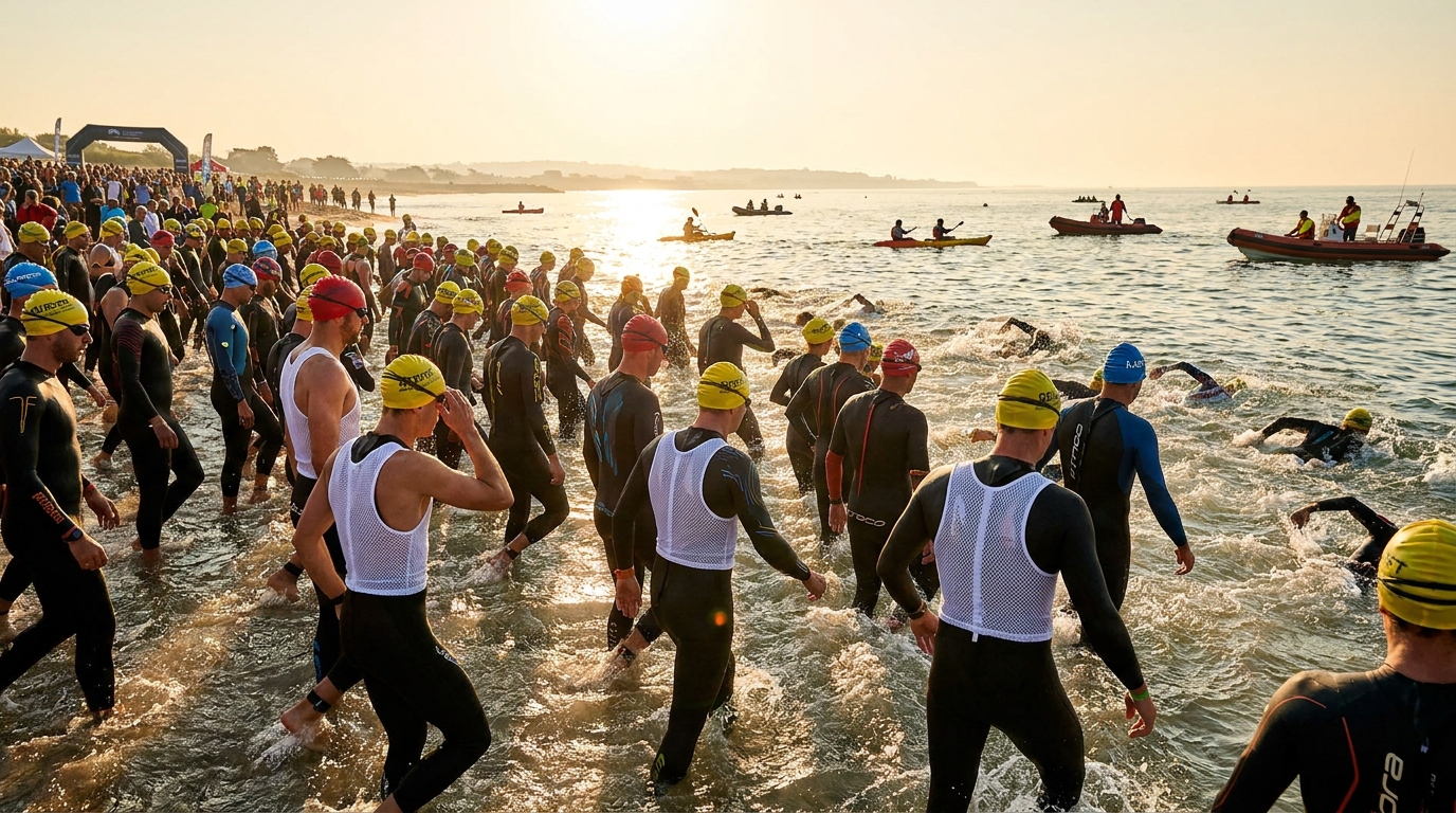 Triathletes at a summer race swim start wearing ice vests to pre-cool before the gun, bright sunny race morning