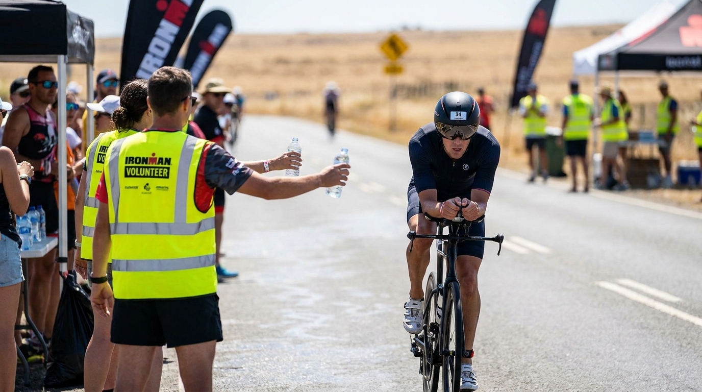 Triathlete on a road bike in aero position on a hot sunny race day, volunteer handing a water bottle at an aid station