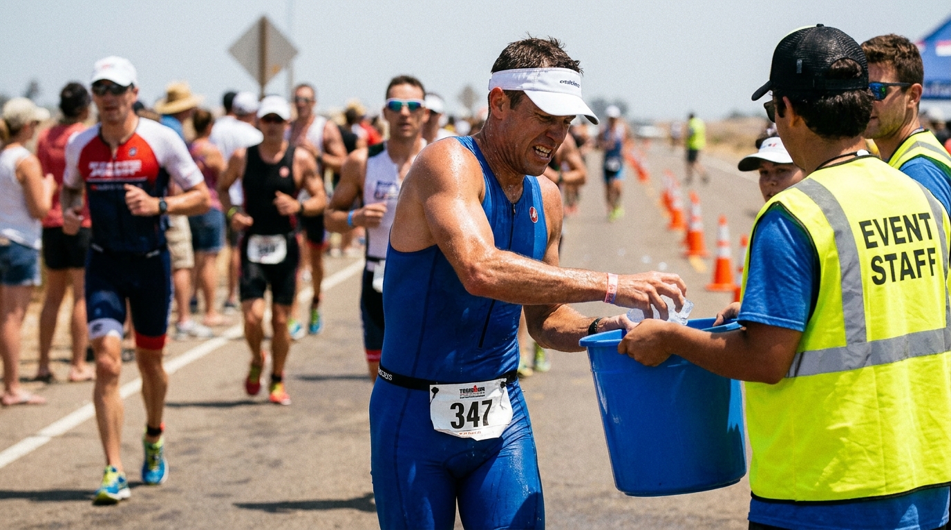 Triathlete runner grabbing ice from a volunteer at a summer race aid station, stuffing ice into their triathlon kit on a hot sunny day