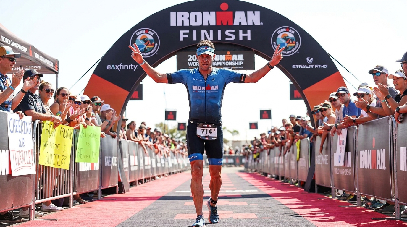 Triathlete crossing the finish line of a summer race looking exhausted but relieved, hot sunny day