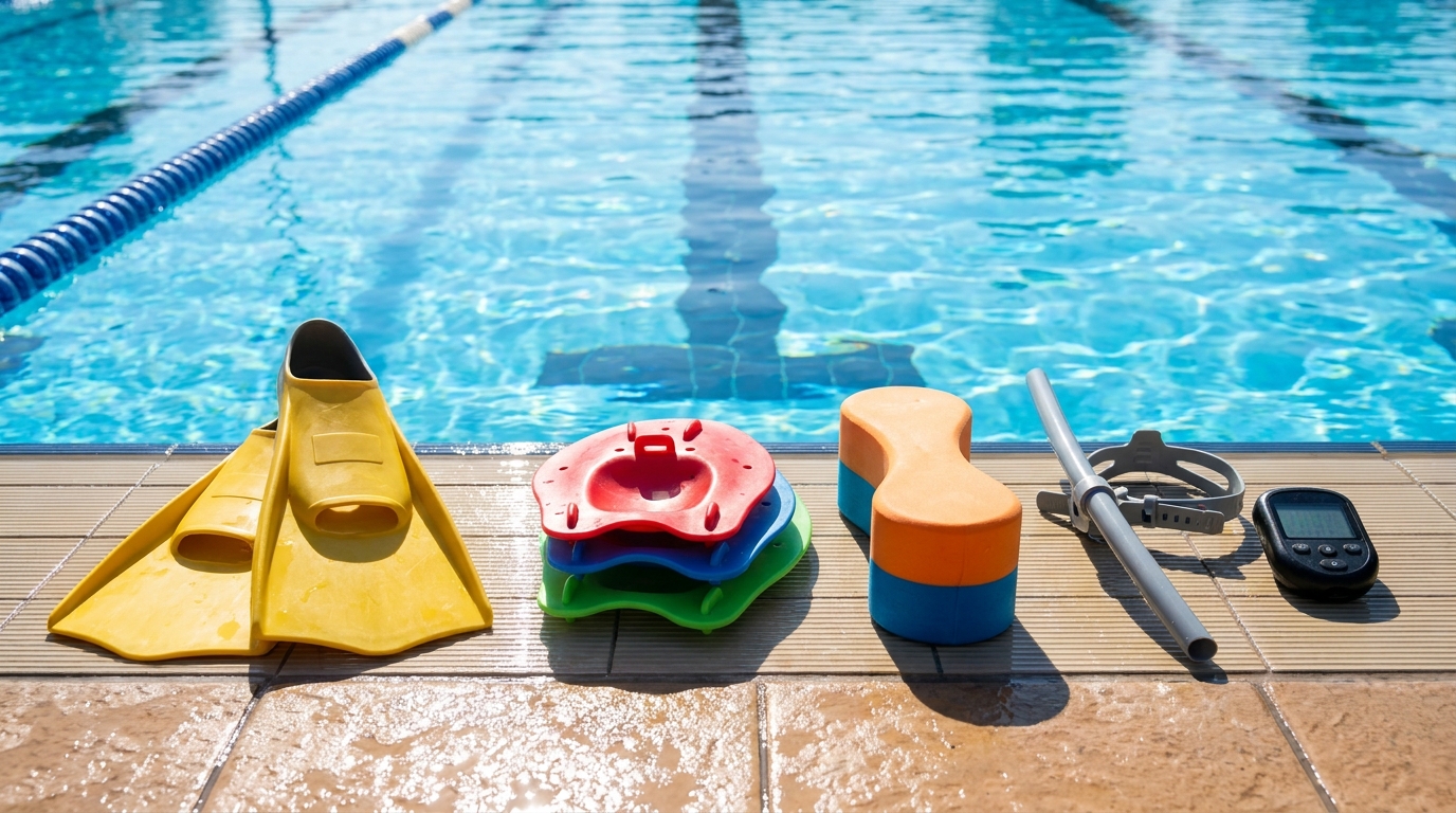 Array of swim training tools including paddles, pull buoy, fins, and snorkel on a bright sunny pool deck
