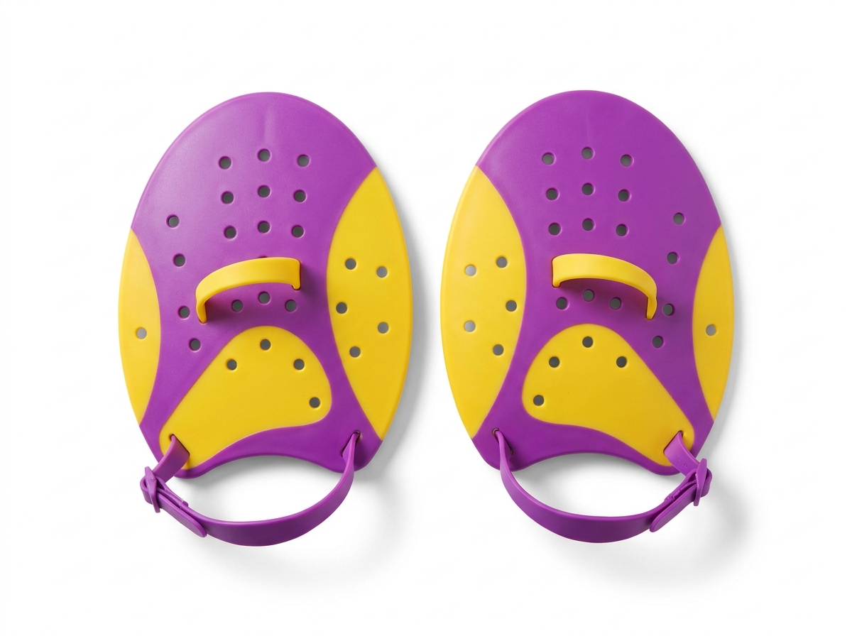 Speedo Power Paddle swimming hand paddles — bright purple and yellow, designed for stroke development