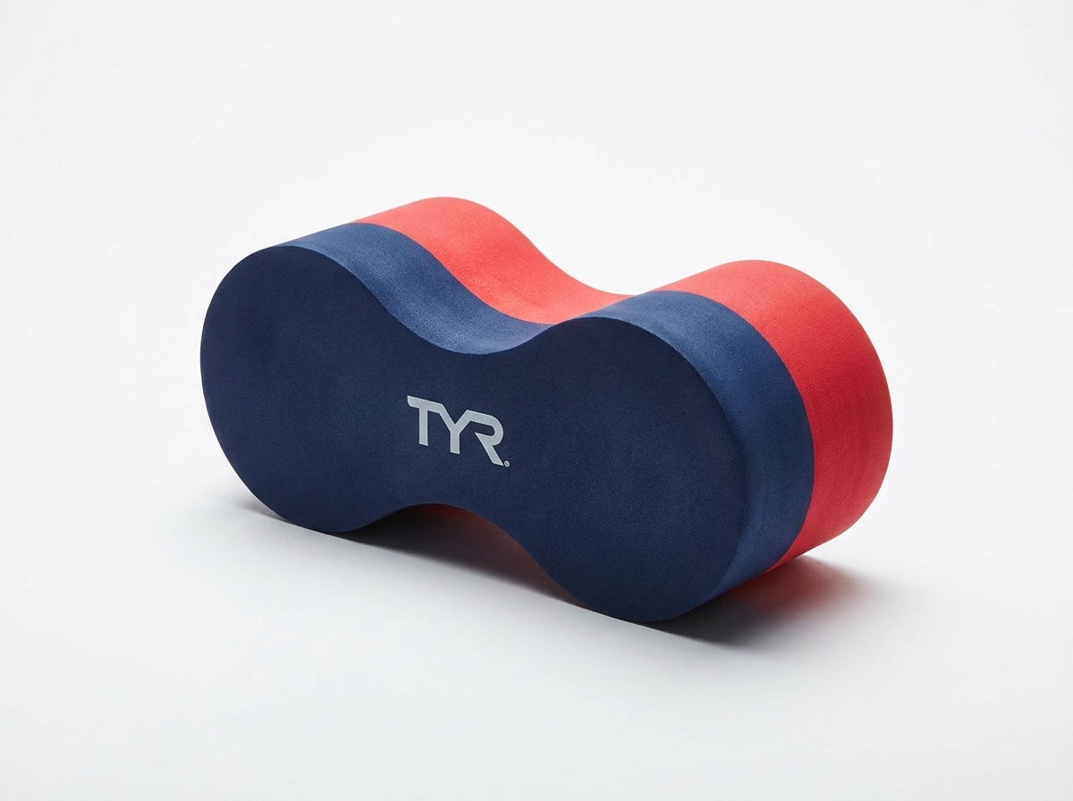 TYR Sport pull buoy — figure-8 shaped foam float in navy blue and red for swim training